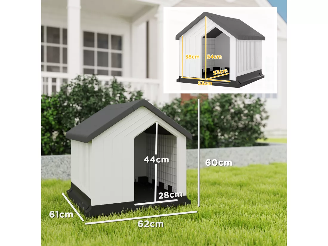 Niche chien extérieure - maison chien - niche plastique - grille d'aération - dim. 62L x 61l x 60H cm - blanc gris noir