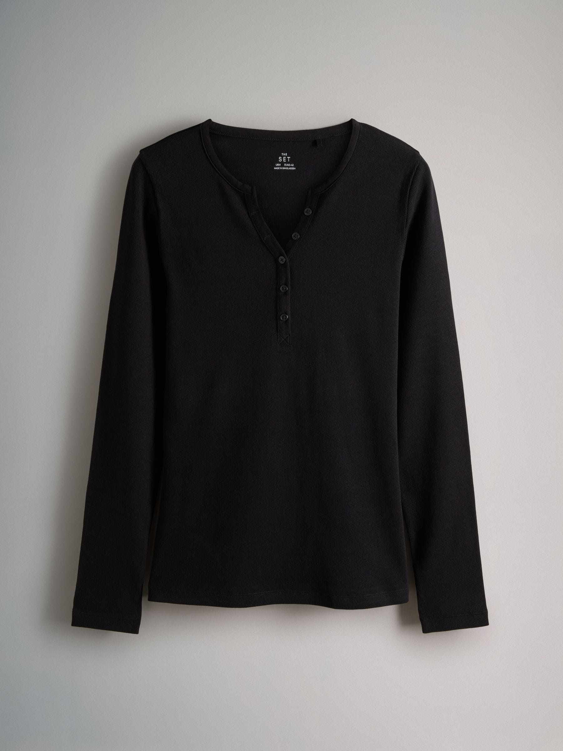 Zwart/wit/lichtgrijs/taupe bruin - The Set verpakking van 4 geribde Henley T-shirts met lange mouwen