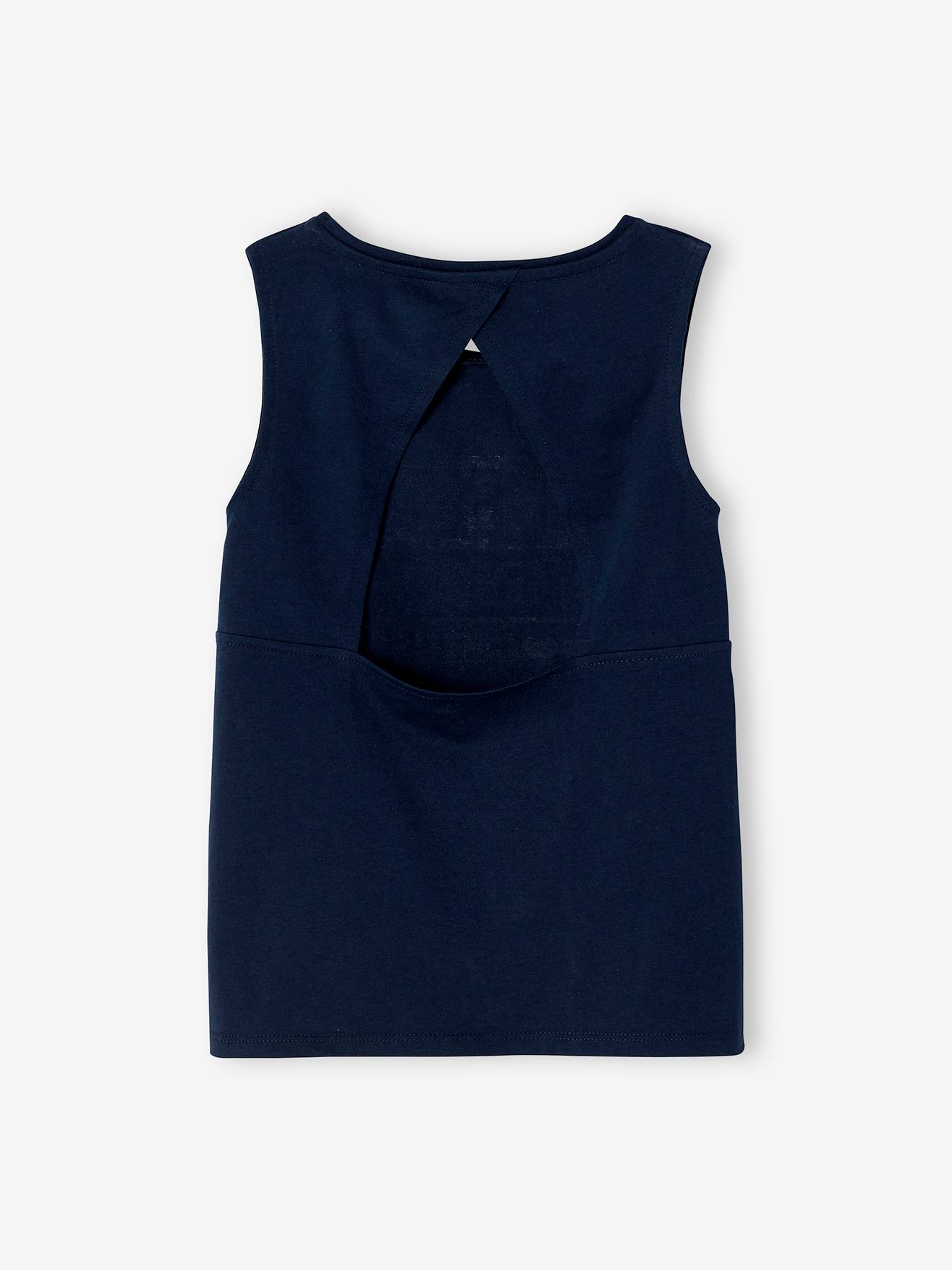 Top esportivo infantil azul escuro liso, sem mangas, com costas nadador e detalhes estampados.