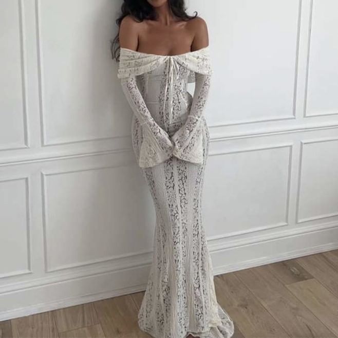Emilyn - Lange mouw off-shoulder effen strik kanten maxi zeemeerminjurk