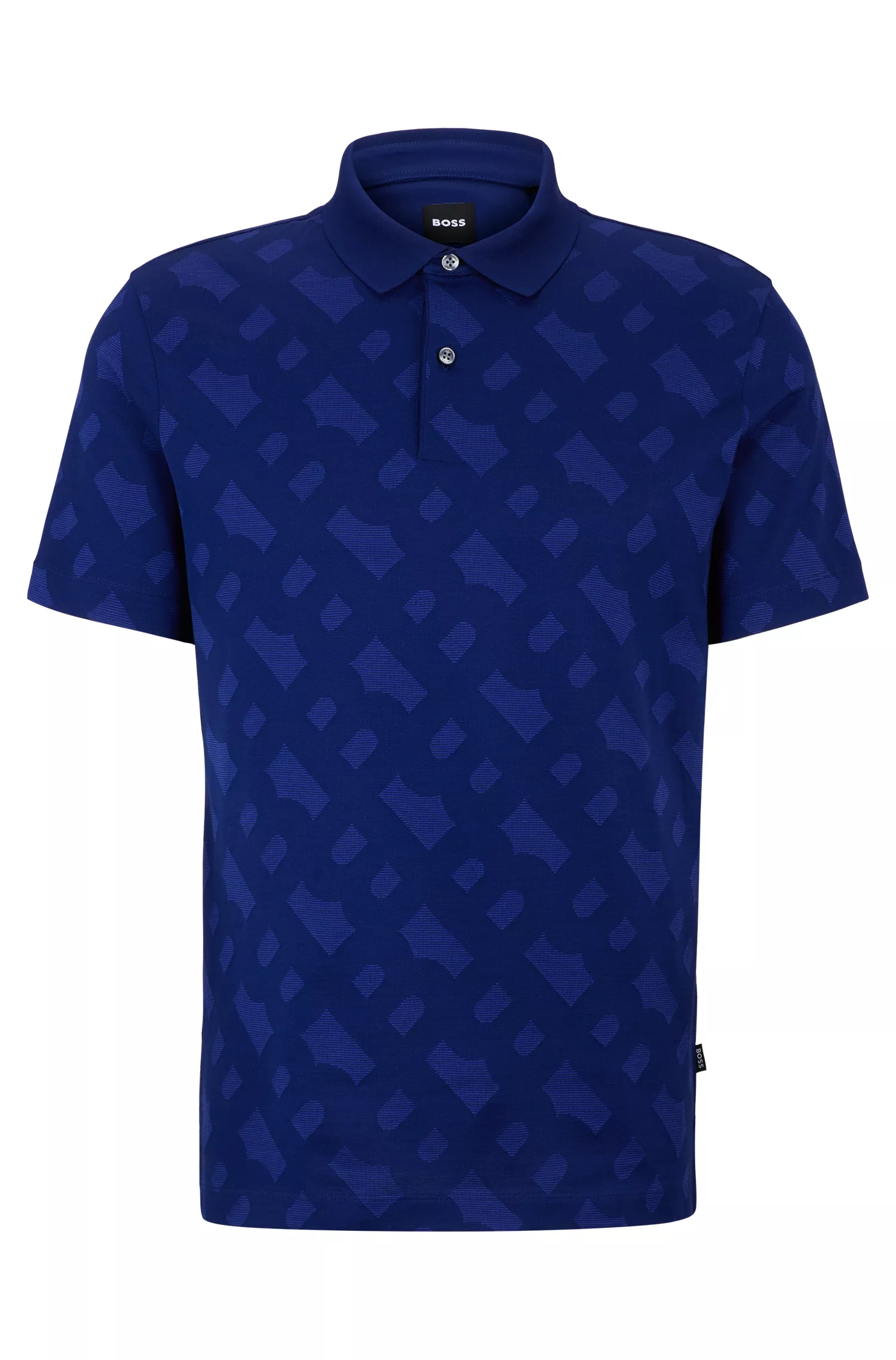 Camisa polo BOSS preta, corte regular, com jacquard de monograma.