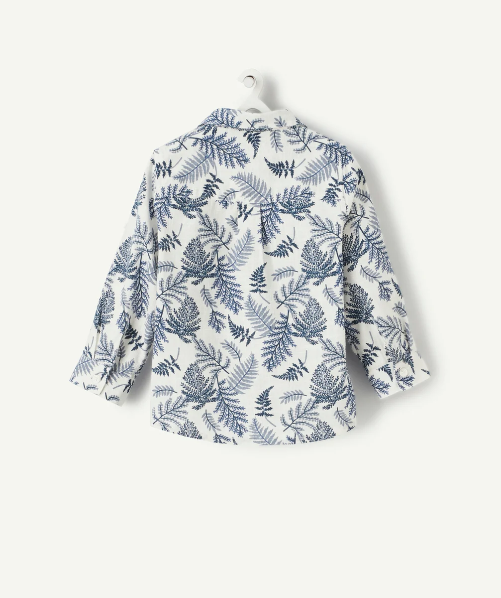 CHEMISE BÉBÉ GARÇON EN LIN BLANC ET IMPRIMÉ FEUILLES BLEUES