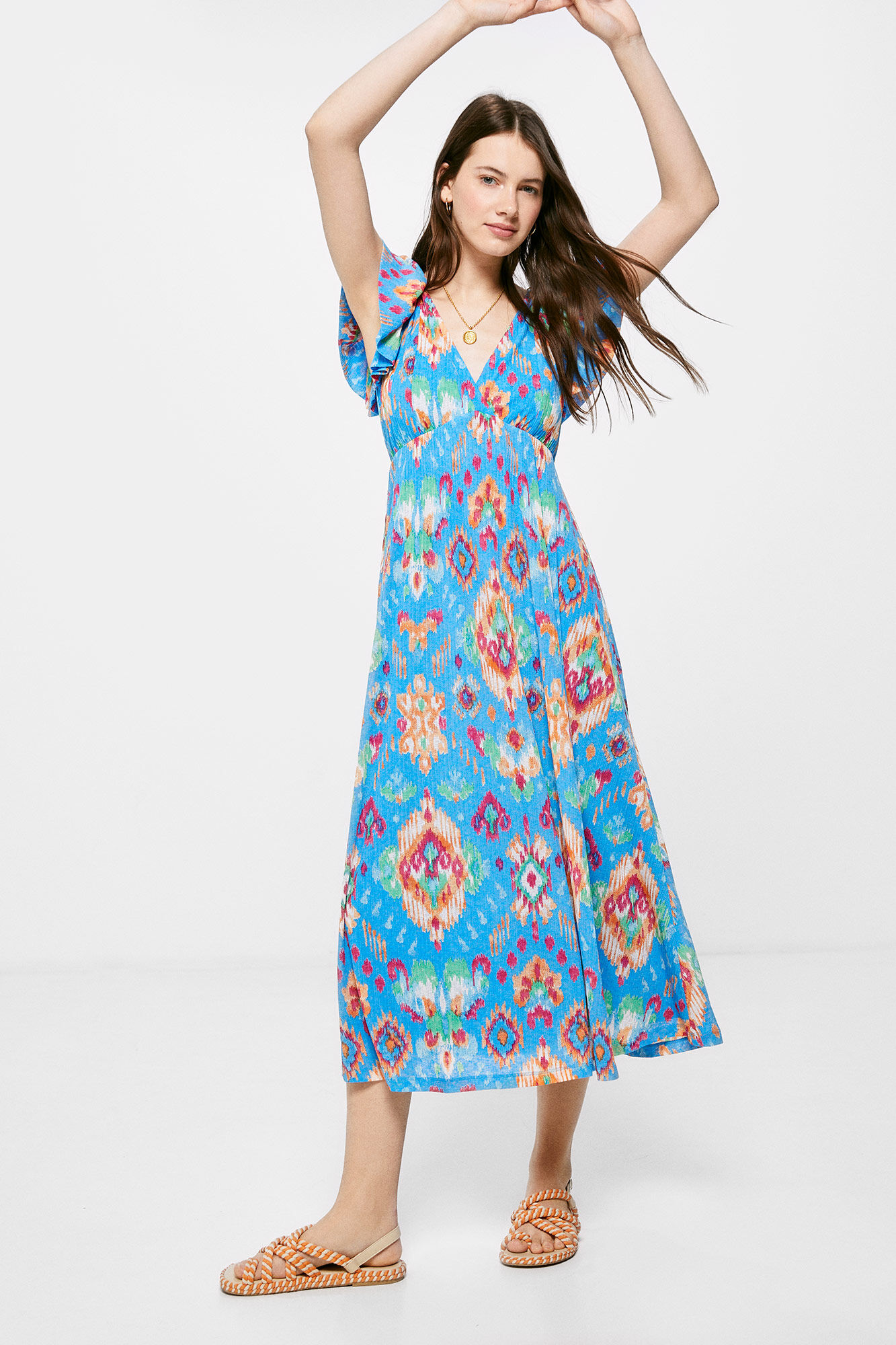 Vestido midi com estampa em ziguezague - azul