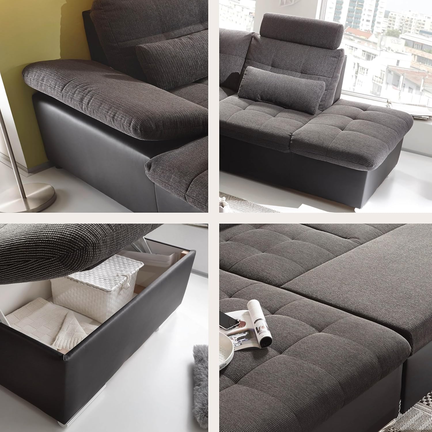 JAKARTA Wohnlandschaft in U-Form in Lederoptik, Dunkelgrau / Anthrazit - Ausziehbares Sofa mit Schlaffunktion & Bettkasten - 324 x 107 x 170 (218) cm (B/H/T)