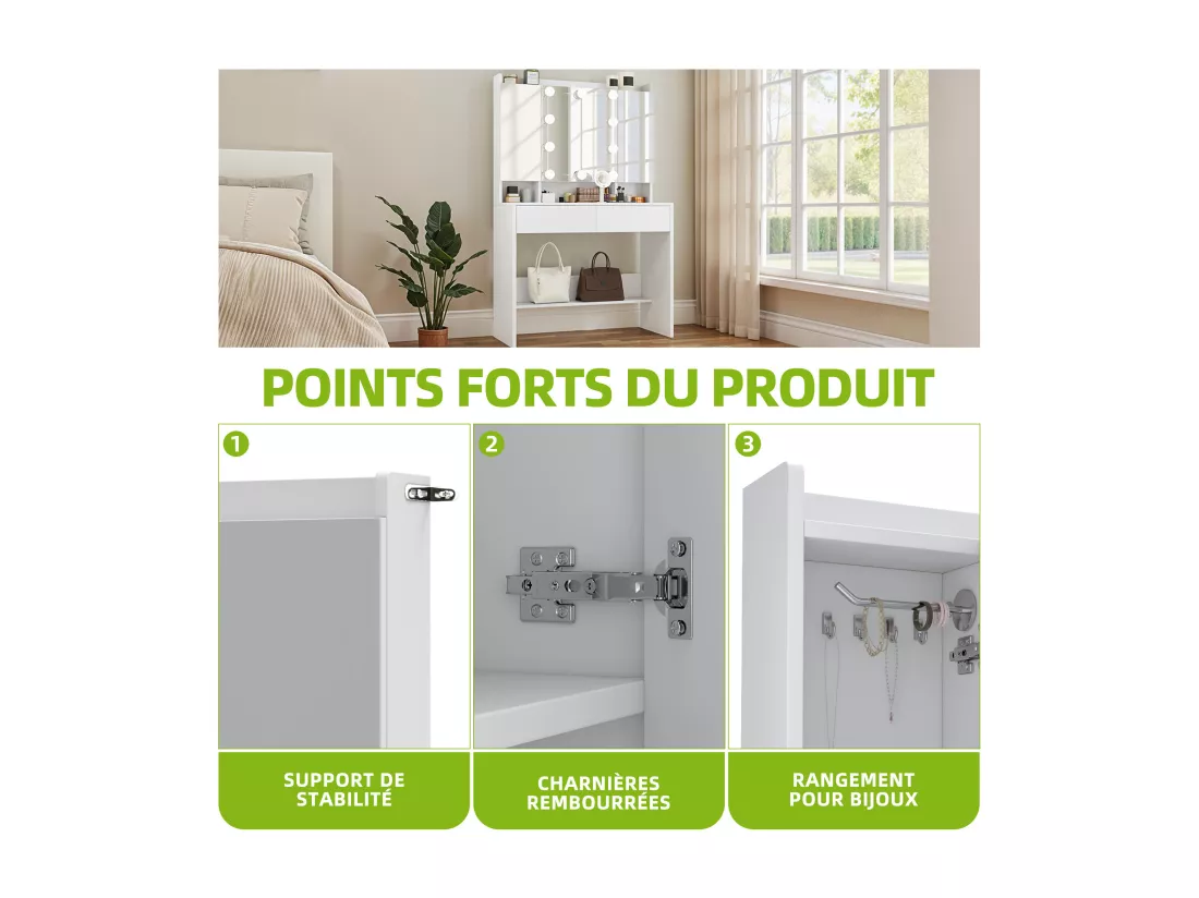 YITAHOME Coiffeuse avec Miroir - 3 Couleurs avec Luminosité Réglable - Coiffeuse avec Étagères pour Maquillage - 2 tiroirs - Blanc