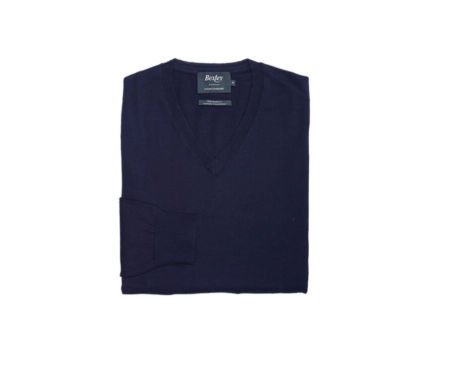 Pull fin homme col V coton/cachemire Bleu marine - VALTON