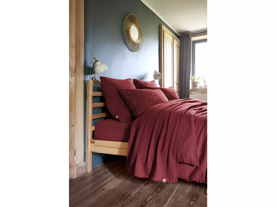 Parure de draps Gaze de Coton - Gaïa Lie de Vin - 4 pièces 1 Drap plat 270 x 300 + 1 Drap housse 180 x 200 + 2 Taies 60 x 60