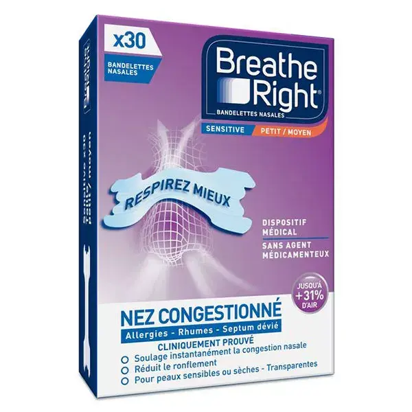 Tiras Nasais Breathe Right para Nariz Pequeno e Médio Sensível e Congestionado - 30 unidades
