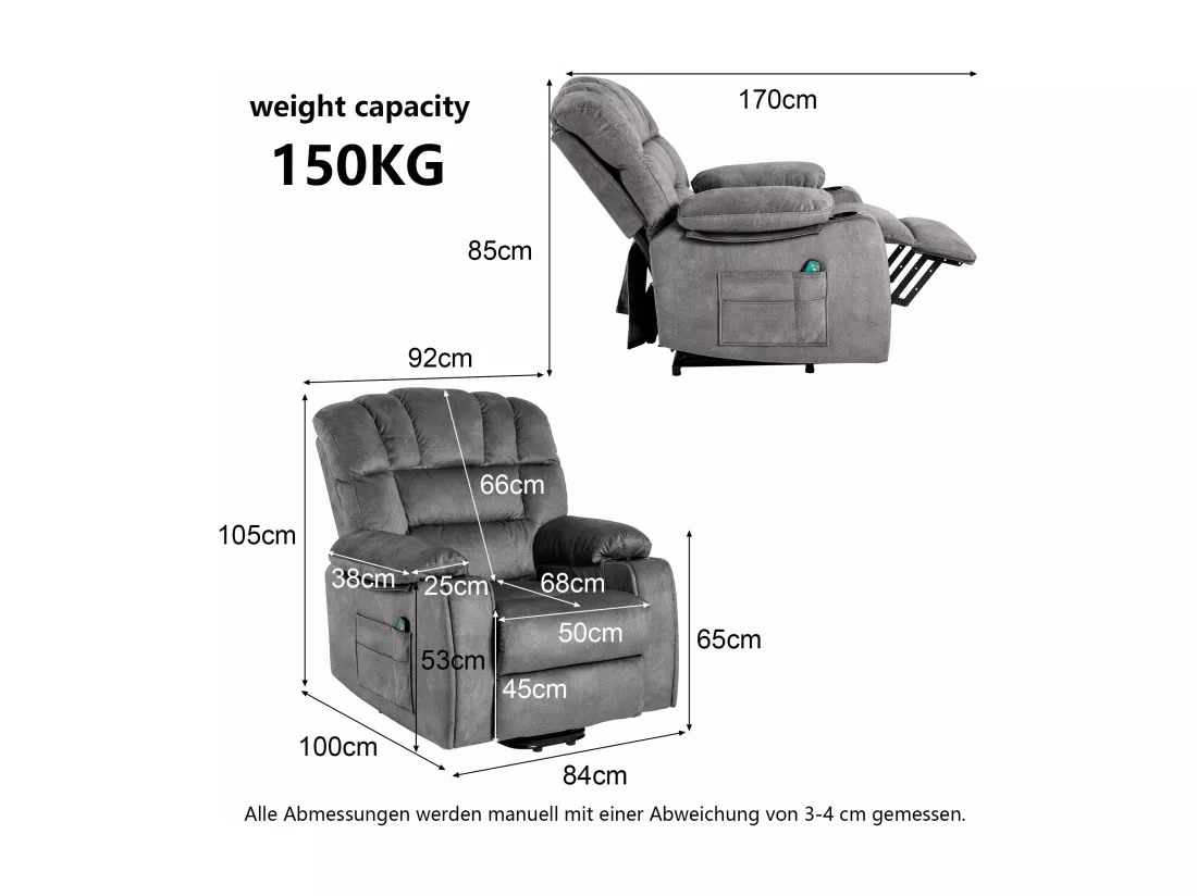 Fauteuil de massage à réglage électrique, fauteuil inclinable en tissu avec 2 porte-gobelets, poches latérales et télécommande pour salon, gris