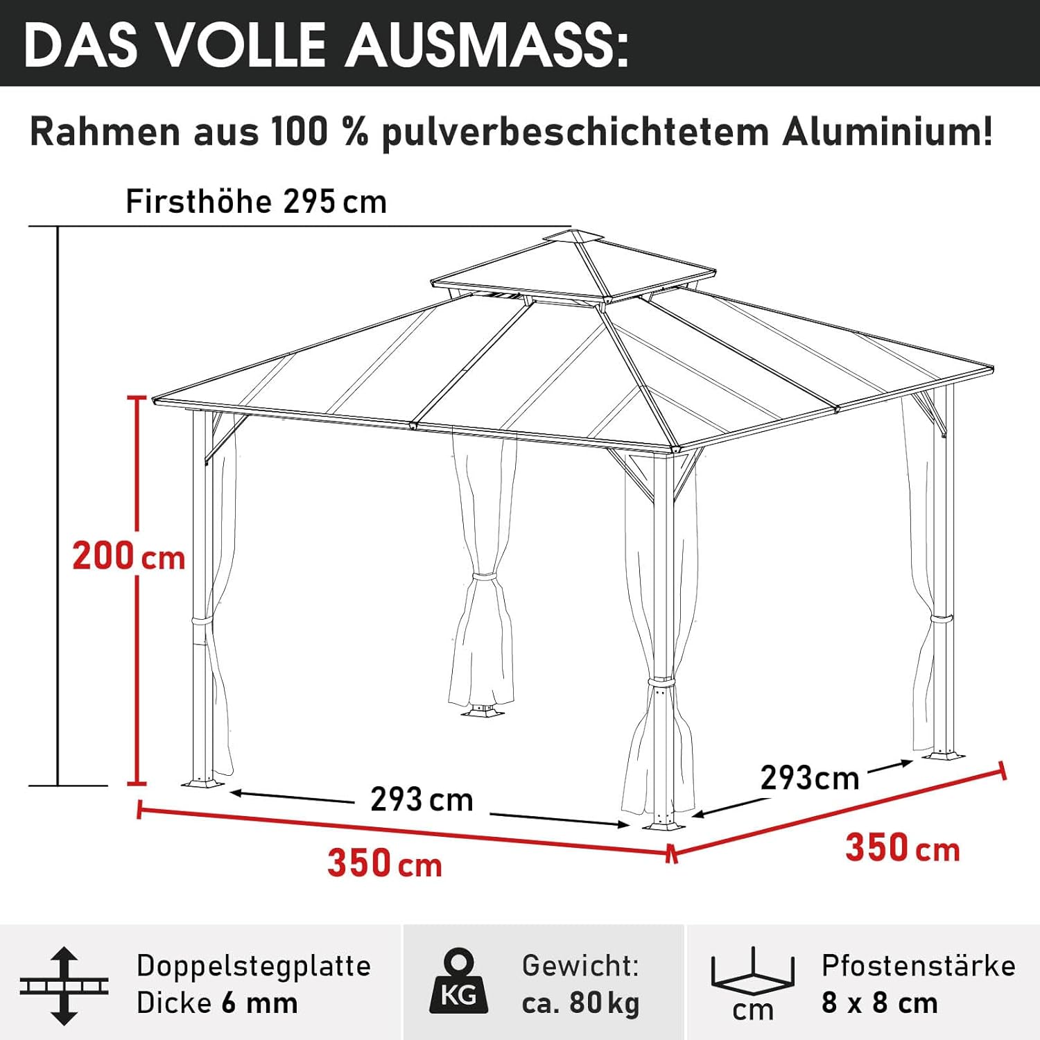 BRAST® Pavillon Aluminium Pagode 3,5x3,5m | viele Modelle & Farben | inkl. Moskitonetz + LED | festes Dach | wasserdicht | stabil | UV-Schutz | Dunkelgrau