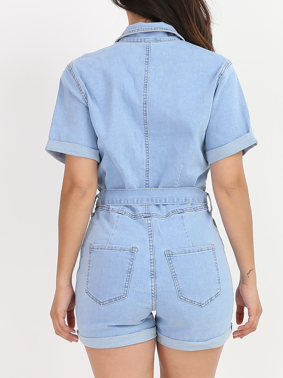 Combi-short en jeans style utilitaire- Bleu clair
