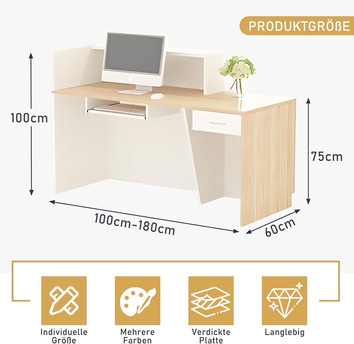 Empfangstheke mit Stauraum und offenen Fächern, Empfangstresen für Empfang, 100–240 cm Tresen für Geschäft, Salon, Studio, Empfangsbereich & Kasse