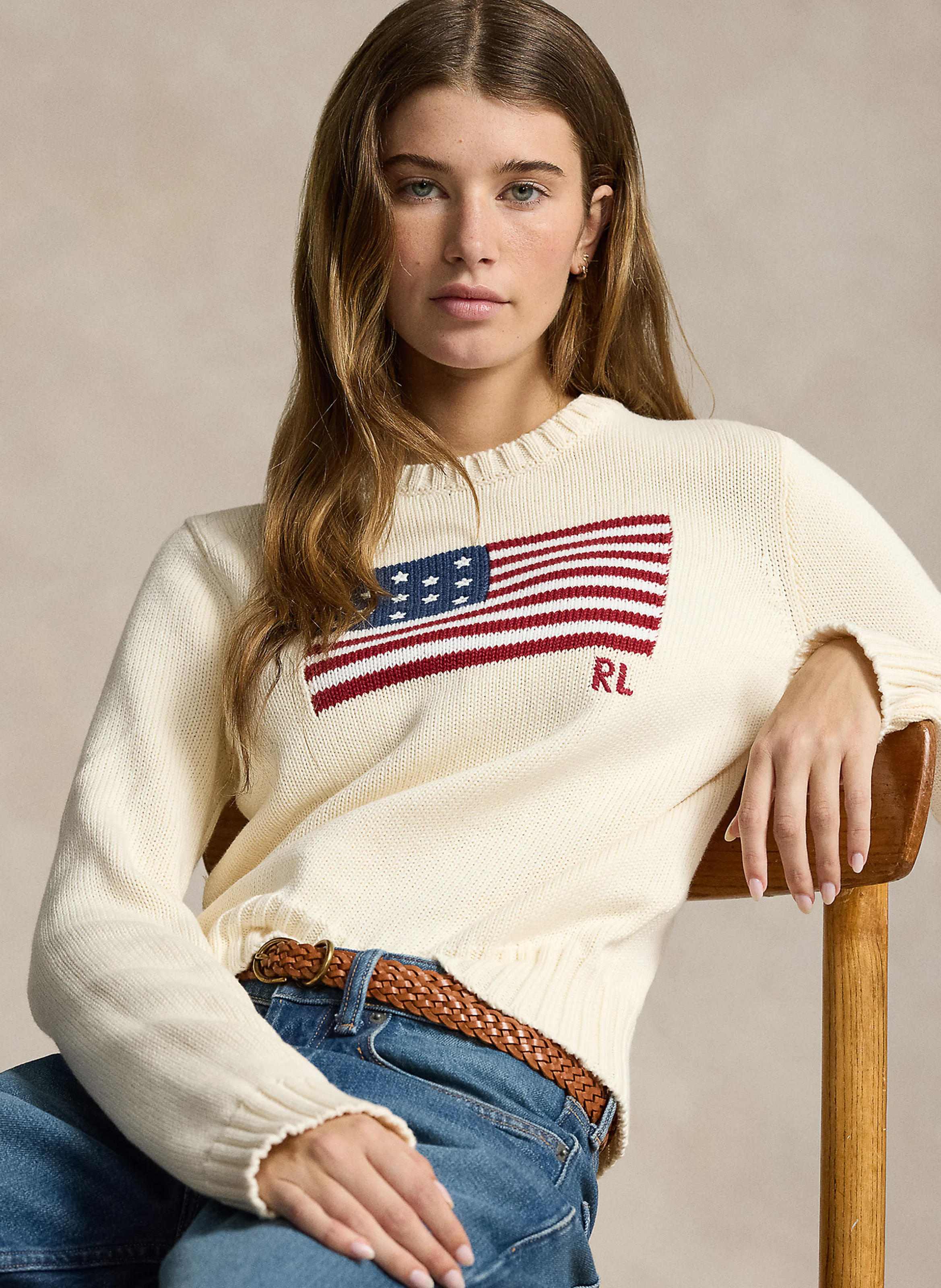 Pull col rond en coton | Beige