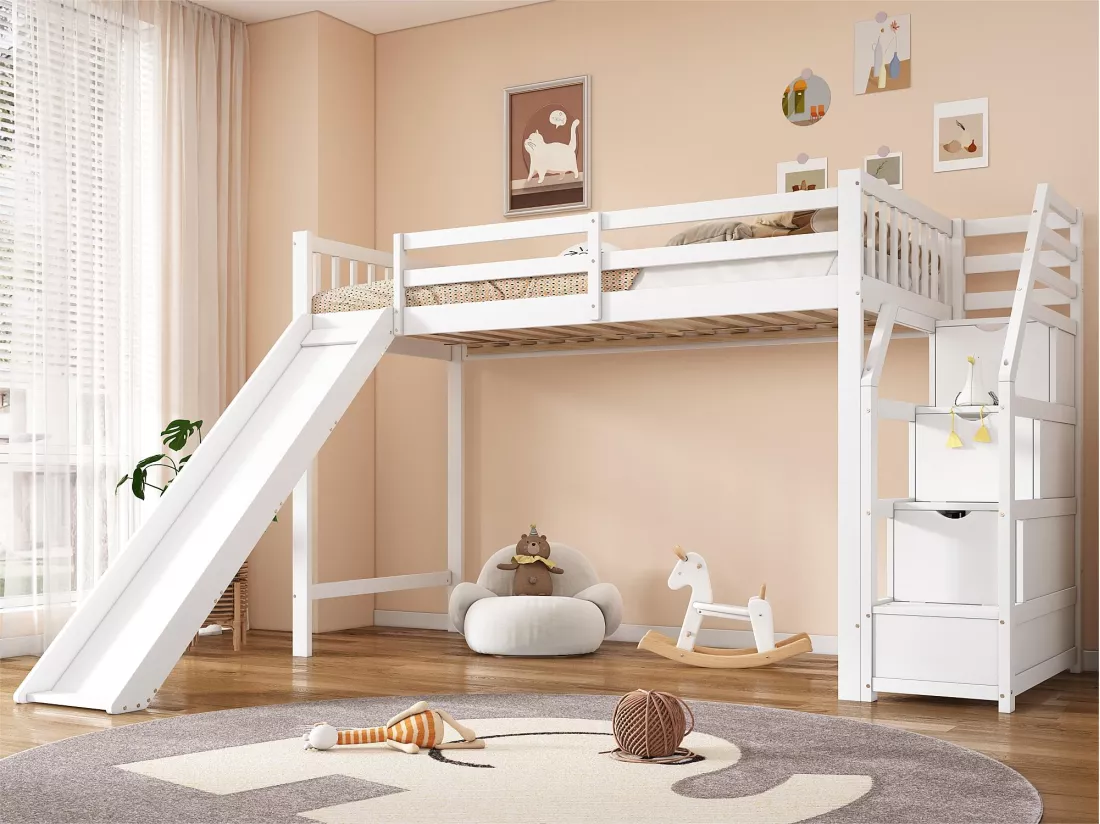 Lit mezzanine 90x200cm en bois de pin - avec toboggan et échelle de rangement - Blanc