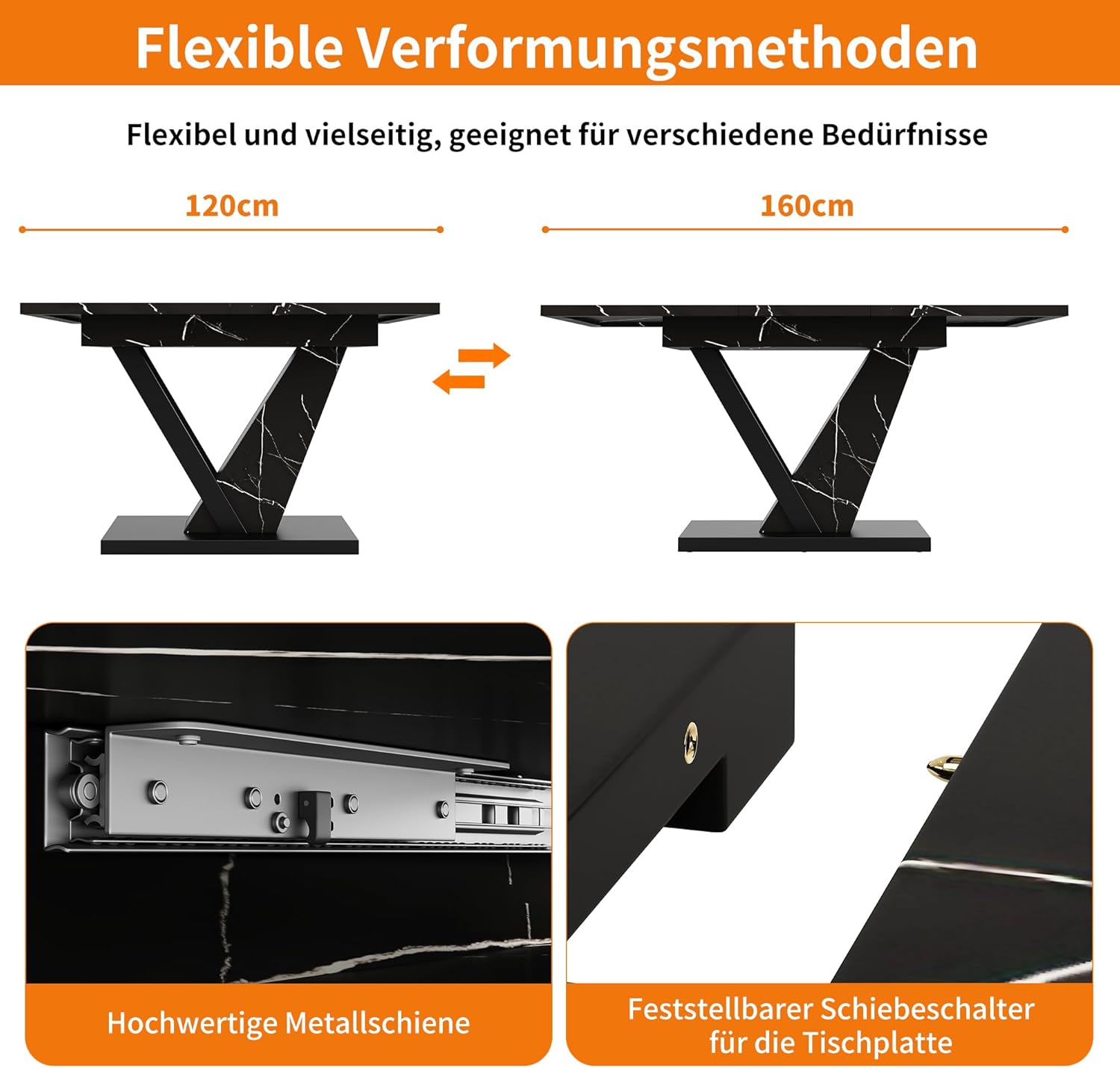 Esstisch Teleskoptisch (120-160 * 75cm), Tisch,mit Hilfe Innenliegender Einlegeplatten auf 120-160cm Ausziehbar, Esstisch mit Schwarzem Marmormuster