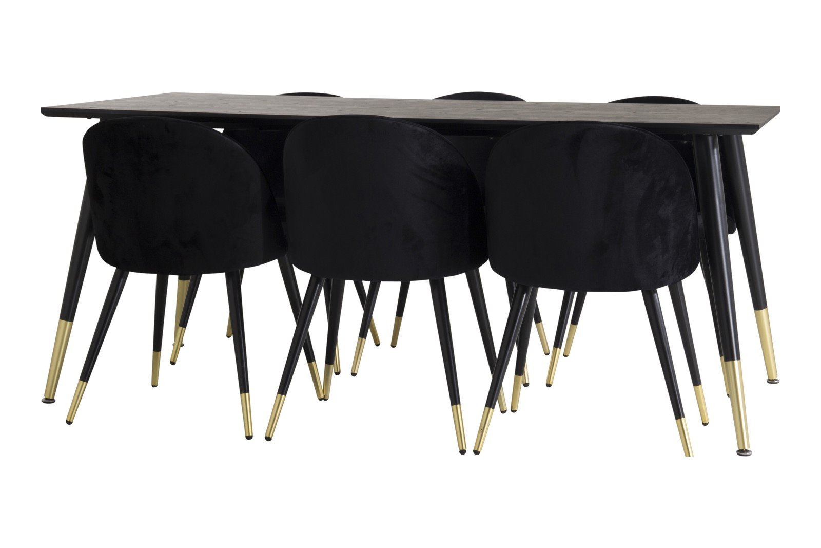 Dipp og Velvet Spisegruppe Dipp spisebord i sort finér med 6 stk. Velvet spisestoler i Sort fløyel og messing ben.