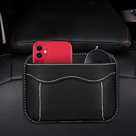(18x13cm) Selbstklebende Leder KFZ Seiten Tasche Autositz Klett Organizer Aufbewahrungstasche - Schwarz