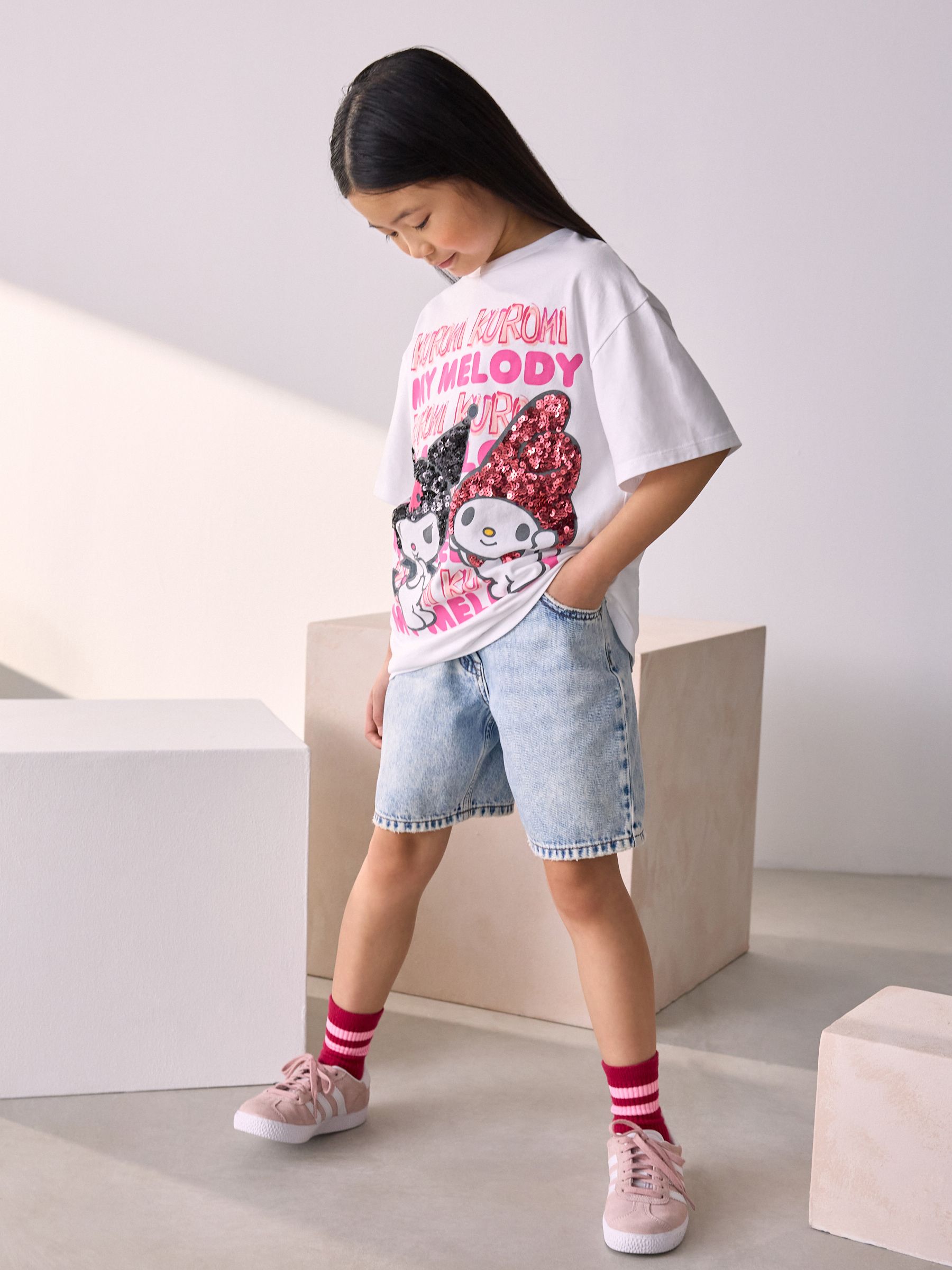 Wit - 100% katoenen oversized Kuromi & Melody T-shirt met licentieprint (3-16jr)