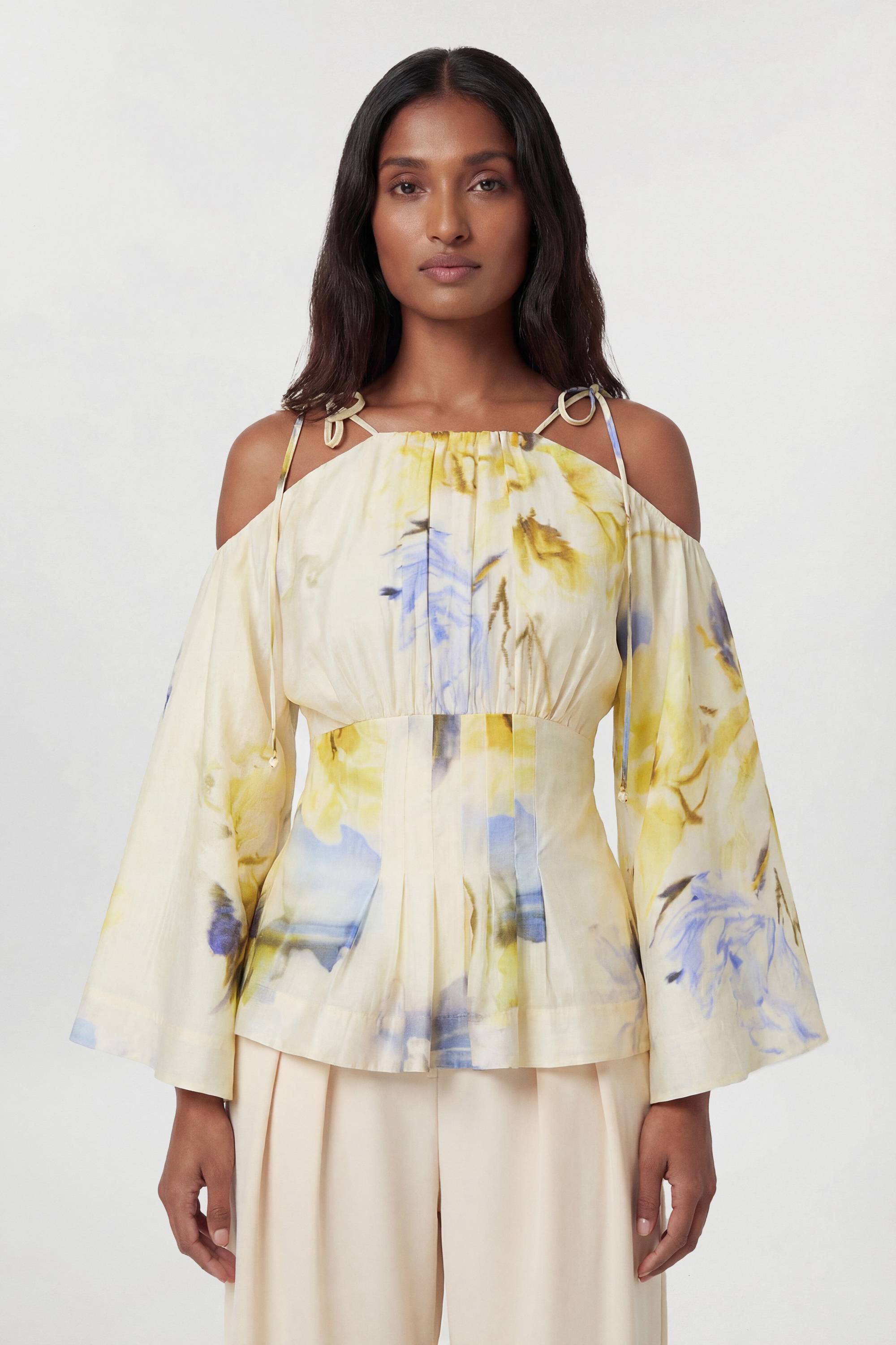 KarenMillen Chemisier Tissé Bleu À Fleurs Froncé Épaules Dénudées