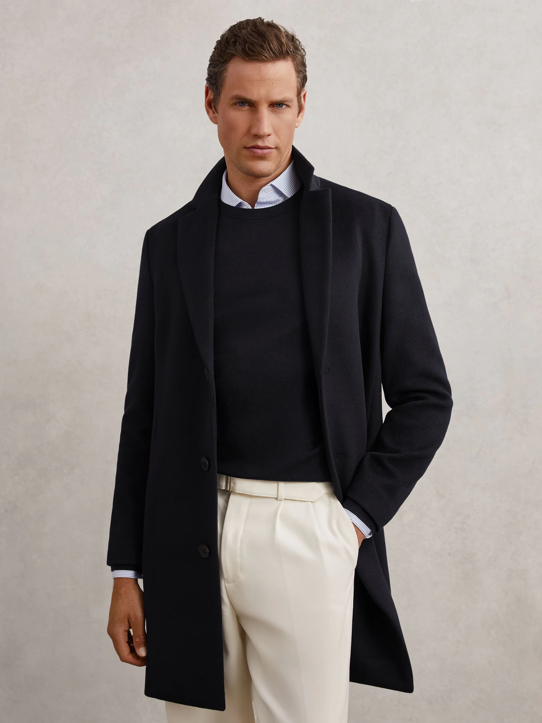 Marineblauw - Reiss Gable Gilet Wool-Blend Internal-Gilet Overcoat