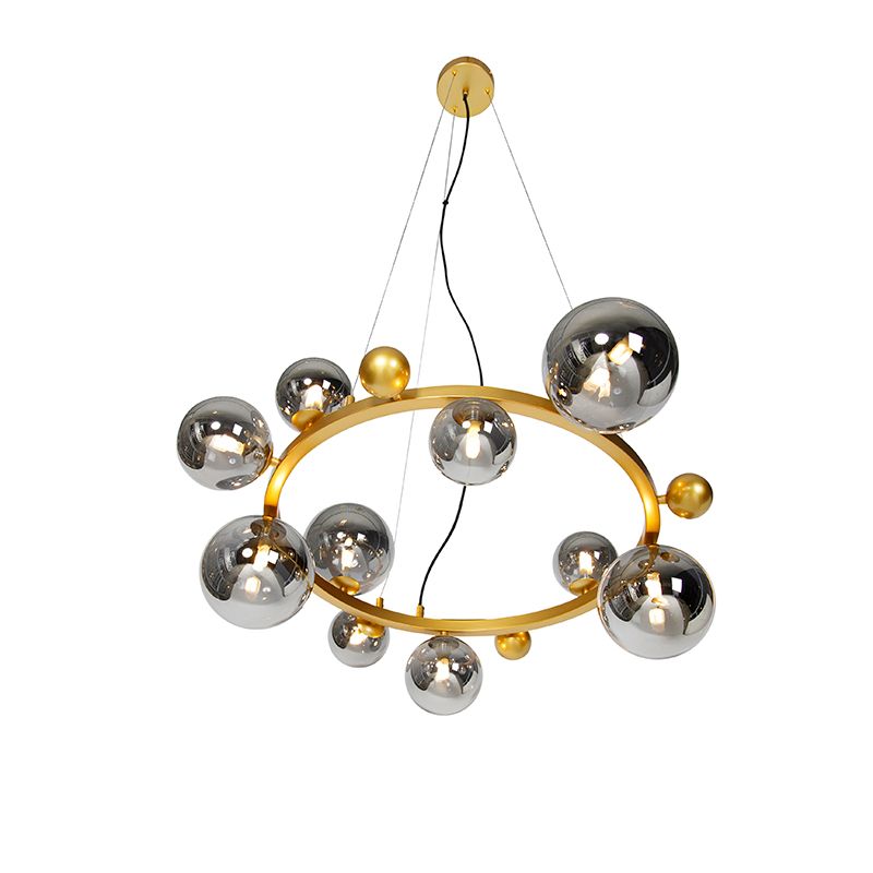 Art deco hanglamp goud met smoke glas 12-lichts - David