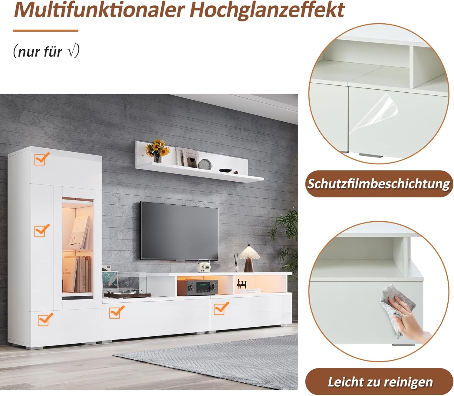 Kebnor TV Wohnwand Set 3-teilig LED Beleuchtung Hochglanz Wohnzimmer Möbel Set Frontale Wohnwand 1*TV Schrank, 1 *Wohnzimmer Vitrine,1 x Hängeregal, TV bis 75' (Weiß 1)