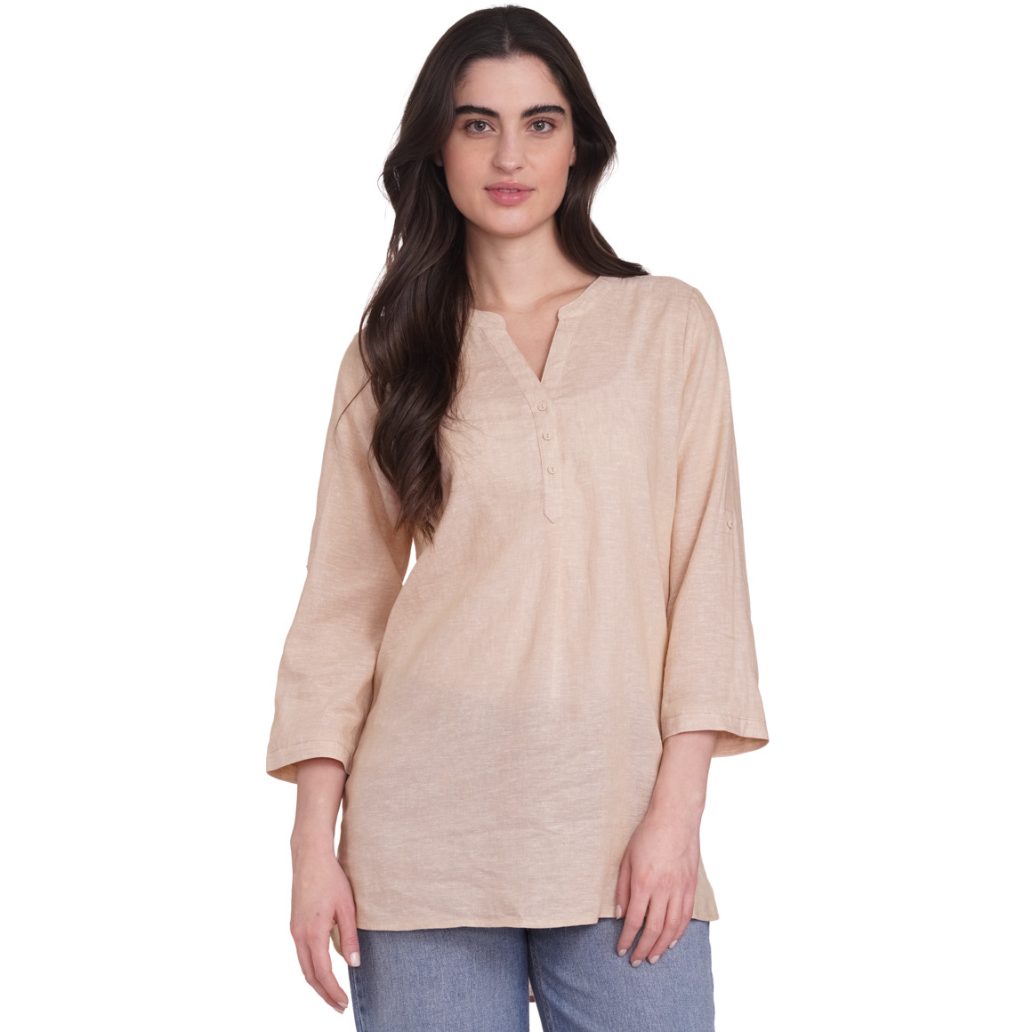 Gina Damen Leinen-Bluse mit Serafino-Ausschnitt hellbraun