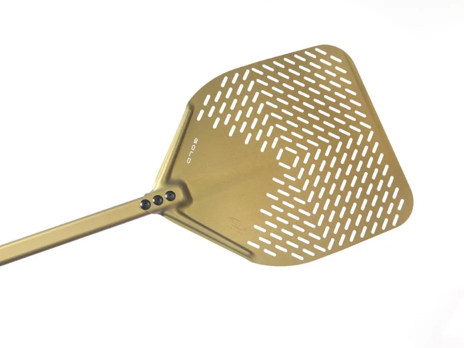 Gi.Metal Gold Rectangular Perforated Pizza Peel 33x33 cm Handle 120 cm