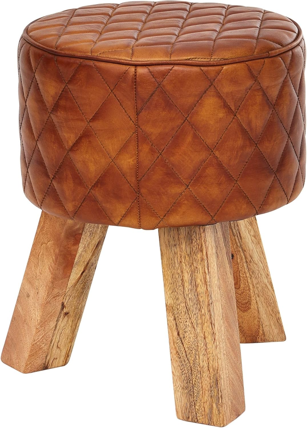 FineBuy Sitzhocker Echtleder/Massivholz 35x46x35 cm Modern Fußhocker Rund, Turnbock Lederhocker Braun, Kleiner Hocker Gepolstert, Holzhocker mit Leder-Bezug