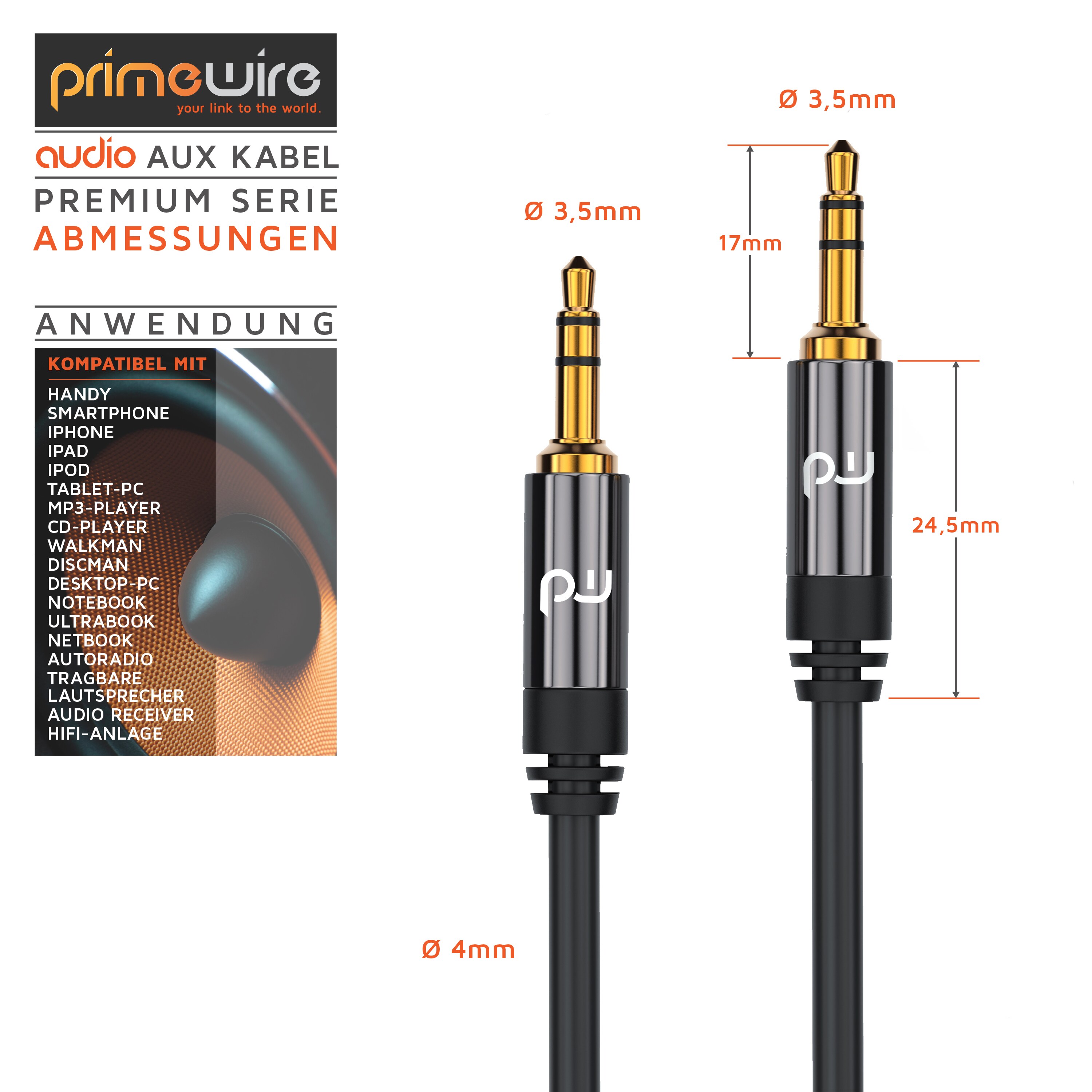 Primewire AUX zu 3,5-mm-Klinke Audio-Kabel, HiFi Klinkenkabel für Audiogeräte Premium Series- 1,5m