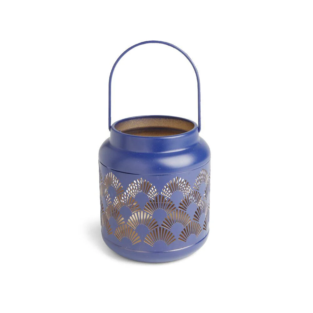 Lanterne carreaux de ciment ajourés métal bleu Ø12xH14cm