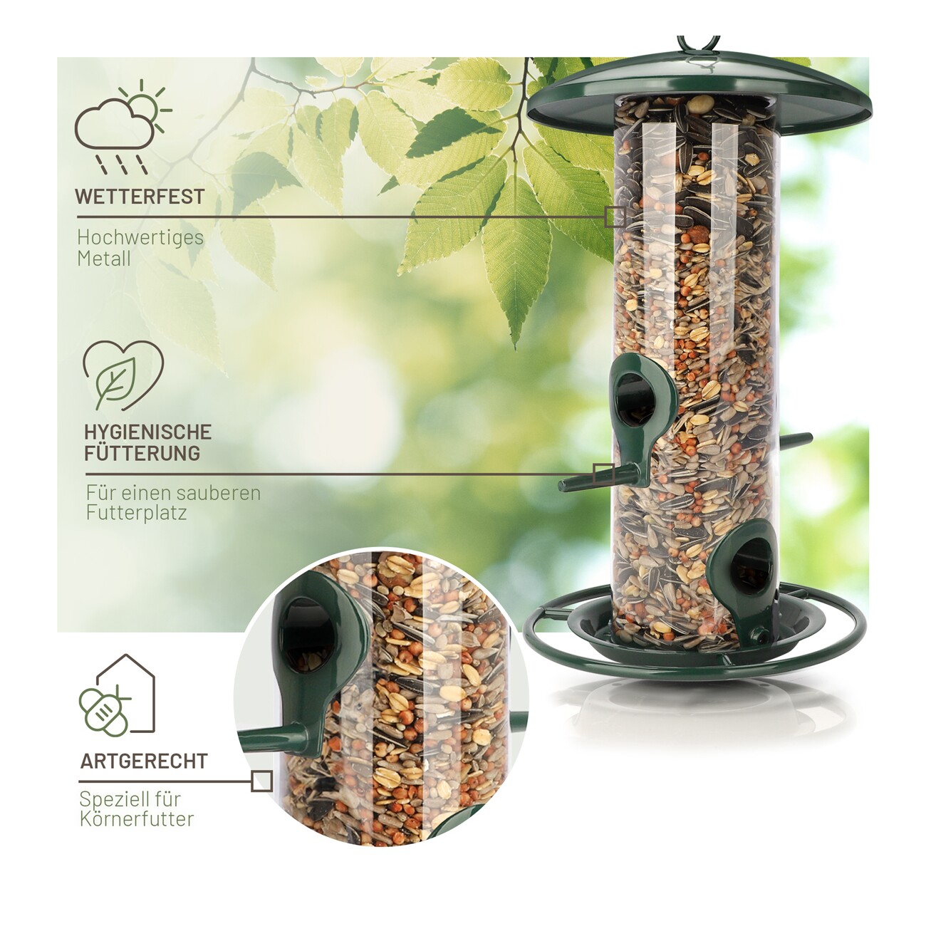 wildtier liebe Futtersäule für Samen, Körner & Kerne 26cm, Grün