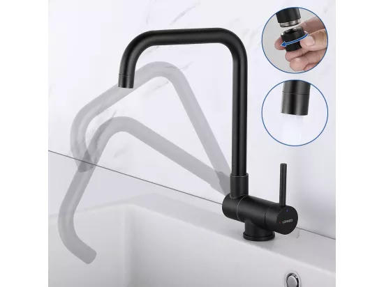 Robinet de Cuisine Rabattable Rotatif à 360°, Mitigeur Cuisine Eau Chaude Froide Robinetterie Acier Inox 304 avec barboteur démotable Noir,EU Modèle