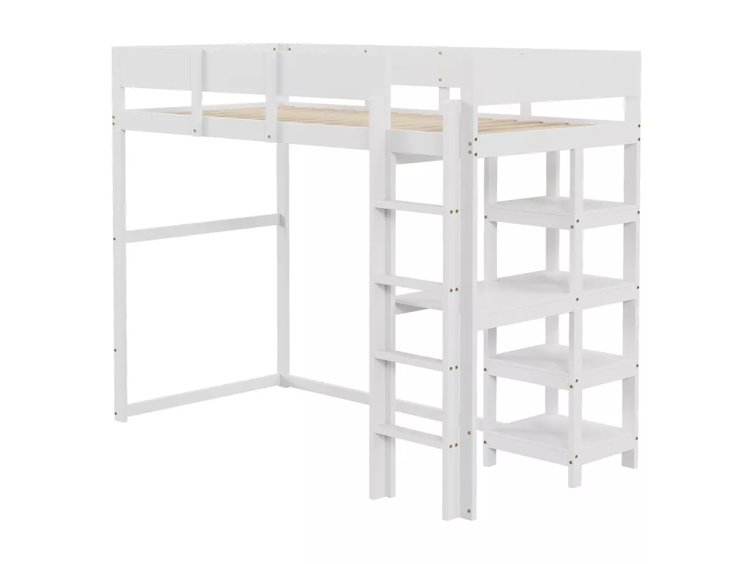Lit mezzanine 90 x 200 cm avec étagère de rangement pour enfant - bois de pin et MDF - blanc