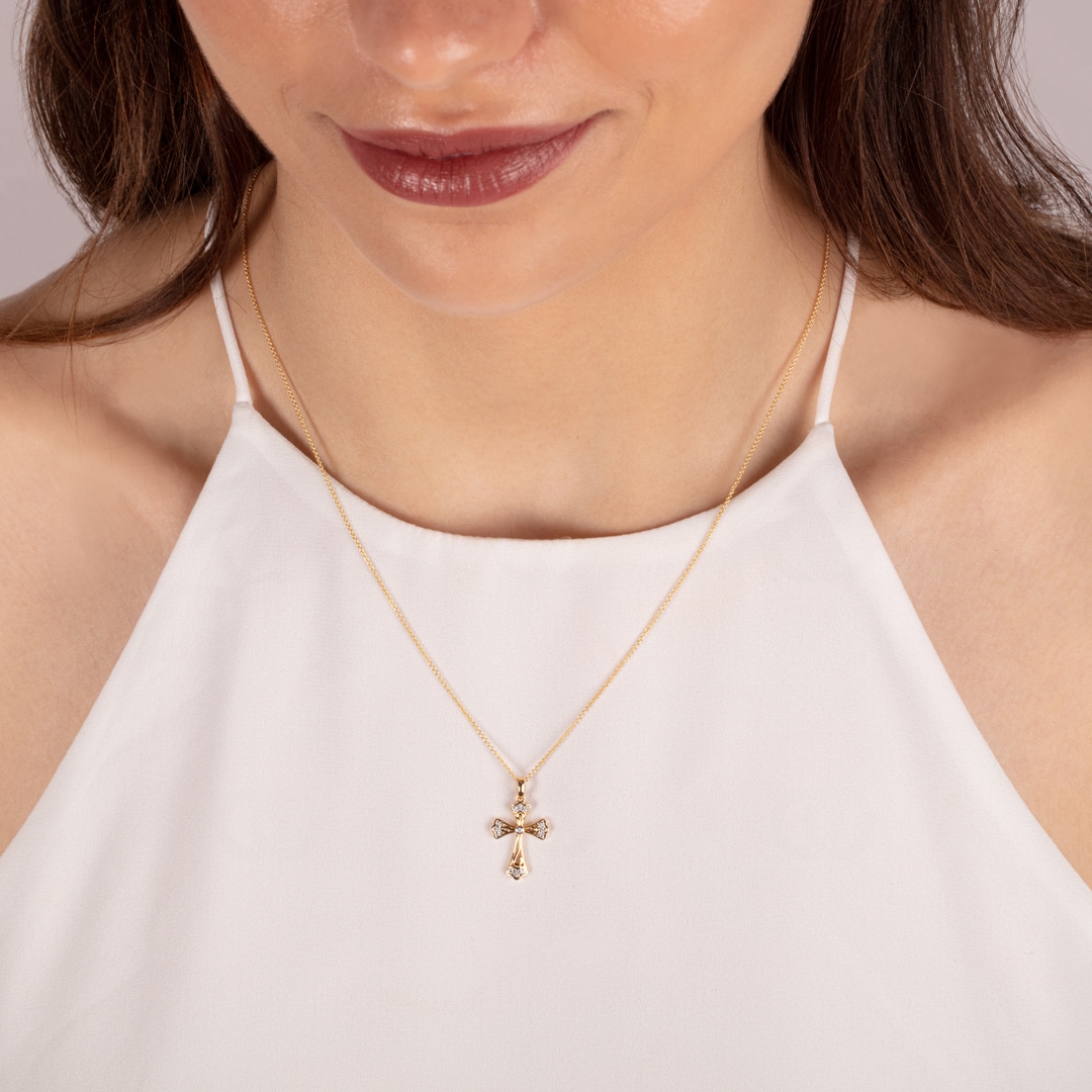 Anhänger 750/18 K Gelbgold Kreuz mit Diamanten 0.04 ct H/si