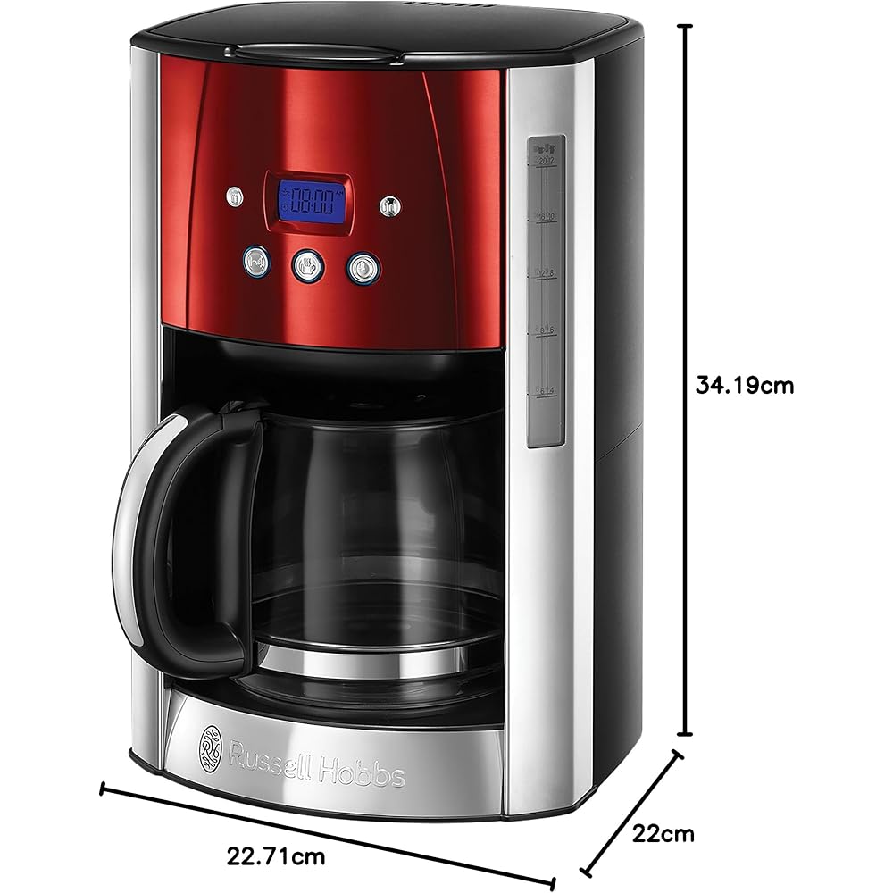 Russell Hobbs Cafetière [Technologie WhirlTech-extraction optimale] Luna rouge (1000W,Verseuse en verre 1,5L, 12 tasses, Programmable, Minuteur digital, Auto-Nettoyante) Machine à café filtre 23240-56 : Cuisine et Maison