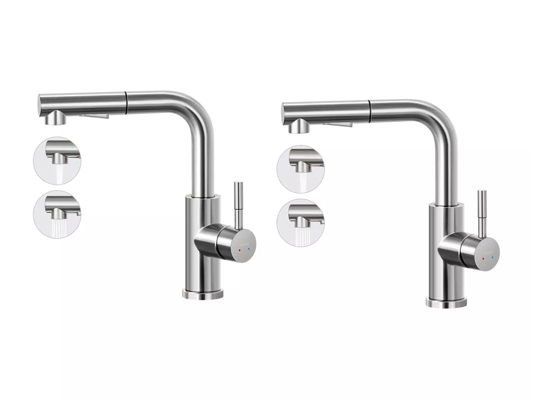 2PCS LONHEO MAX Robinet Cuisine 7-forme avec 2 Fonctions Douchette Extractible Mitigeur Cuisine en Inox Rotatif 360° avec Barboteur démotable,Brossé
