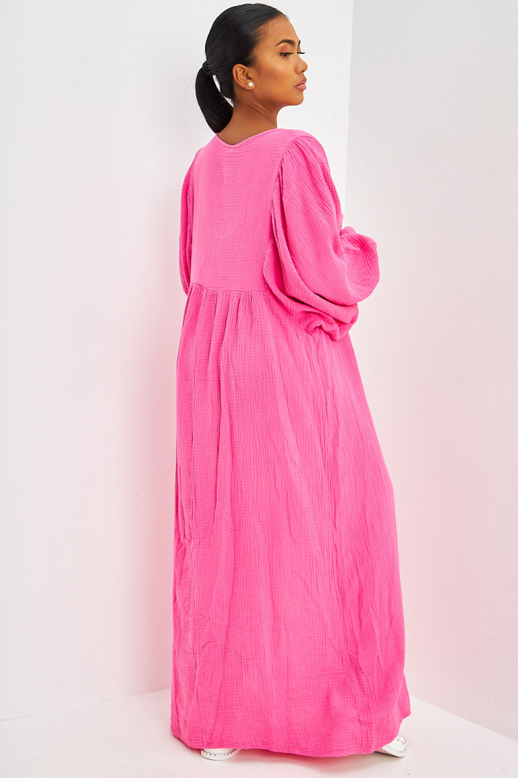 Robe longue ample en gaze de coton rose