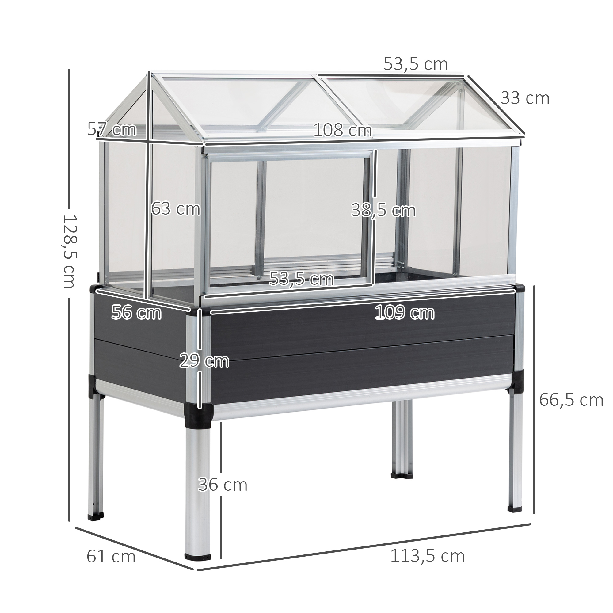 Jardim urbano elevado Outsunny, 113,5 x 61 x 128,5 cm, com cobertura de policarbonato, teto articulado e janelas deslizantes, estrutura de alumínio e PVC para plantas e flores, cinza.