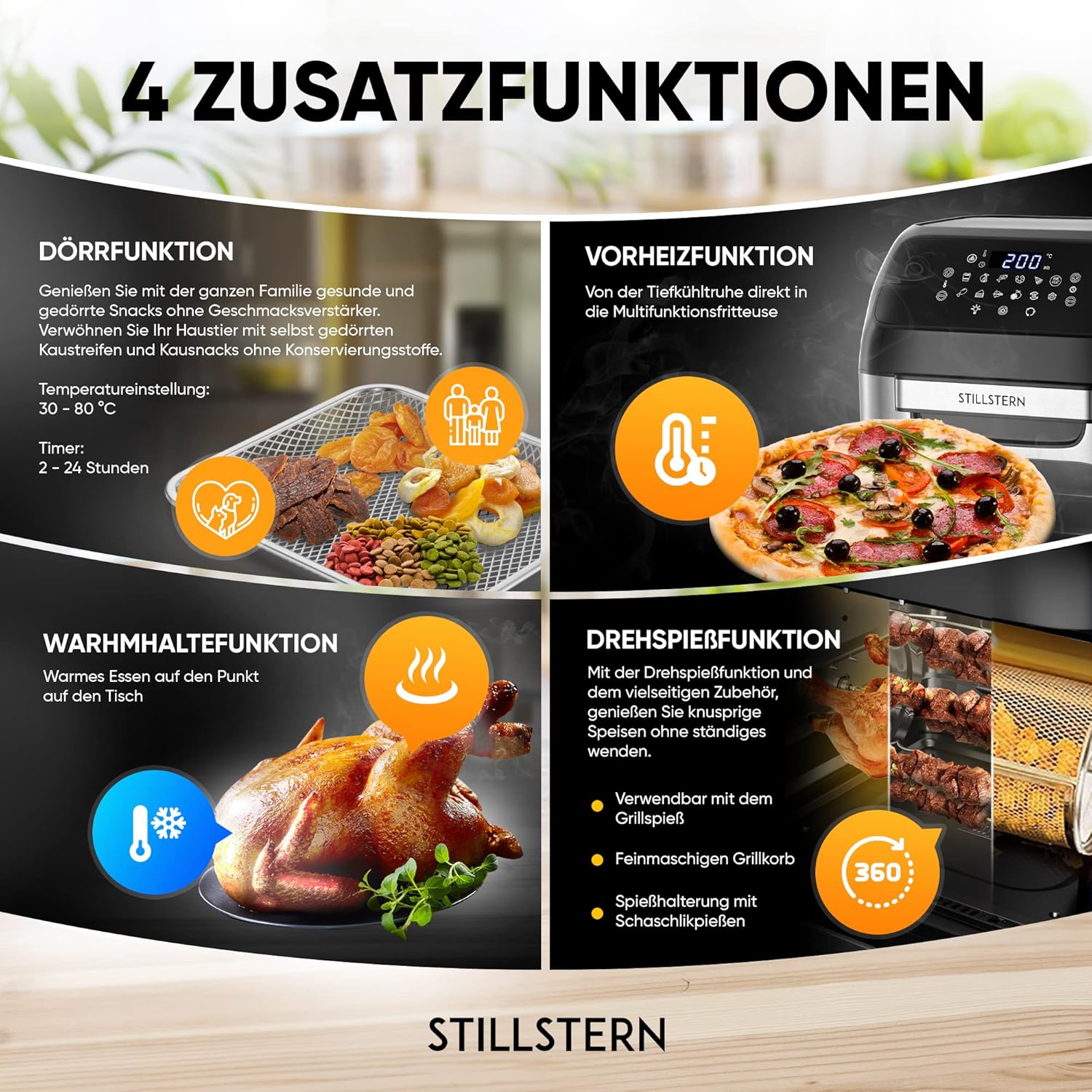 Stillstern Heißluftfritteuse 12L mit LED-Touchscreen, XXL Rezeptbuch auf Deutsch, 12 Programme, Vorheizen&Warmhalten, 1800W Heissluftfritteuse Air Fryer XXL ohne Öl Dörren Minibackofen Camping Grill