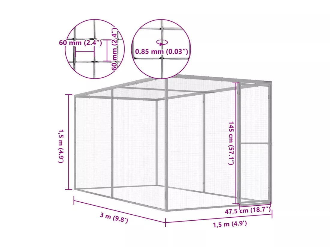 Cage pour chat 3x1,5x1,5 m Acier galvanisé