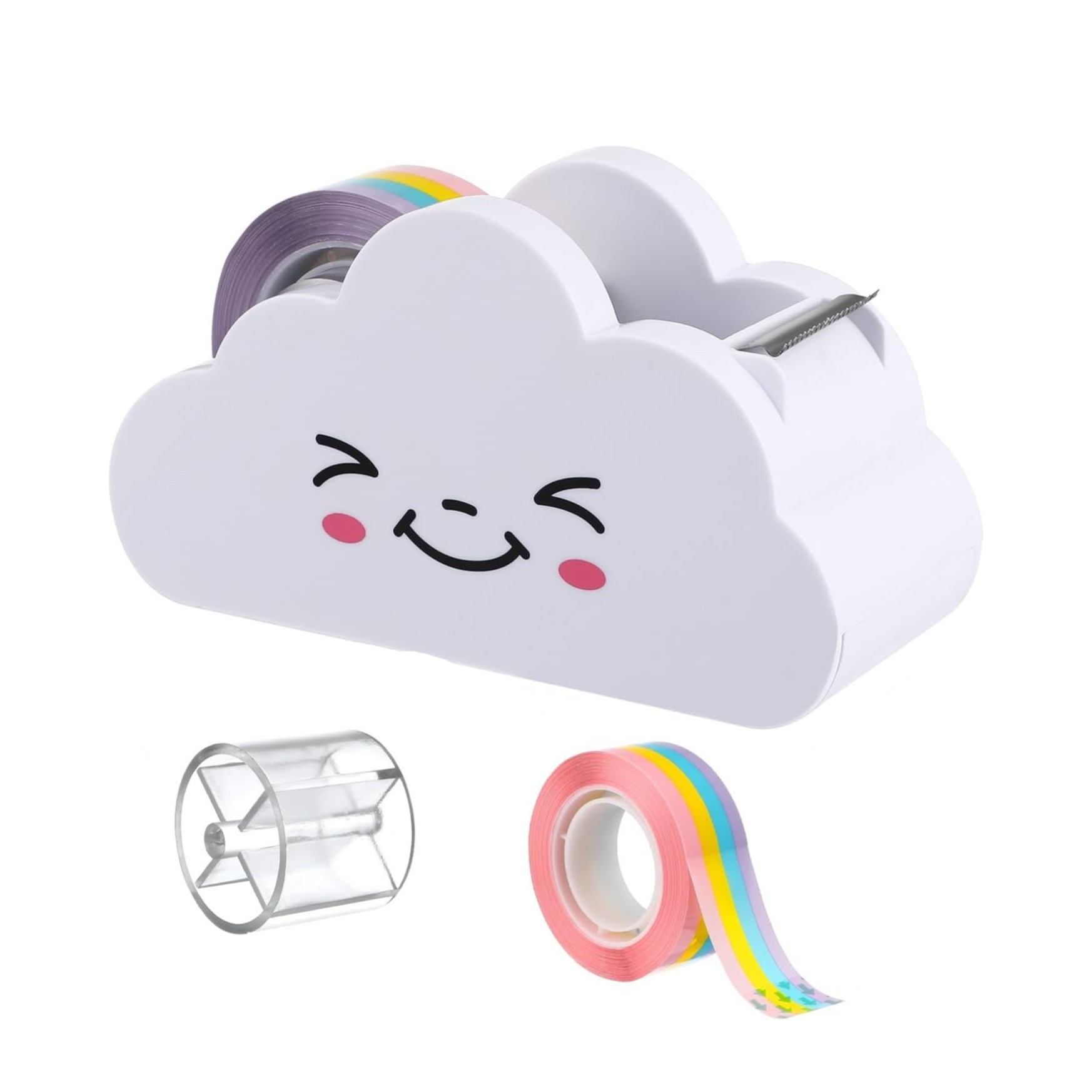 (113x61mm) Tisch Klebeband Abroller Tape Spender Klebebandroller inkl. Regenbogen Kleberolle im Wolken Design - Weiss