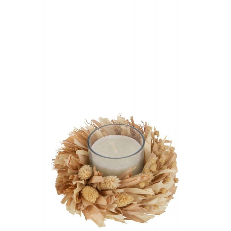 Bougie dans photophore avec décoration florale en verre naturel 15x15x8 cm