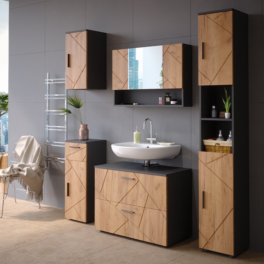 Vicco Badmöbelset Irma Anthrazit Eiche modern 80 cm 30 cm Badezimmerschrank Badschrank Badezimmermöbel Waschtischunterschrank Spiegelschrank Hochschrank Midischrank Hängeschrank Tür Schublade