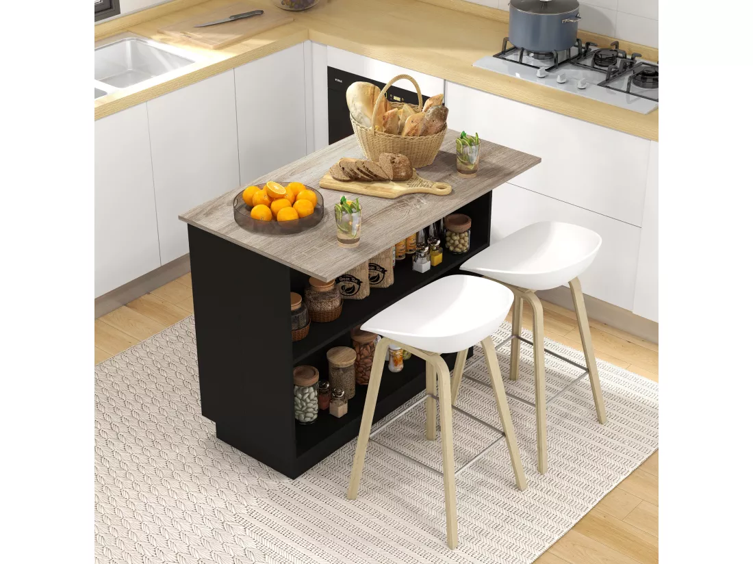 Desserte îlot de cuisine étagère 2 niches 2 placards effet bois noir