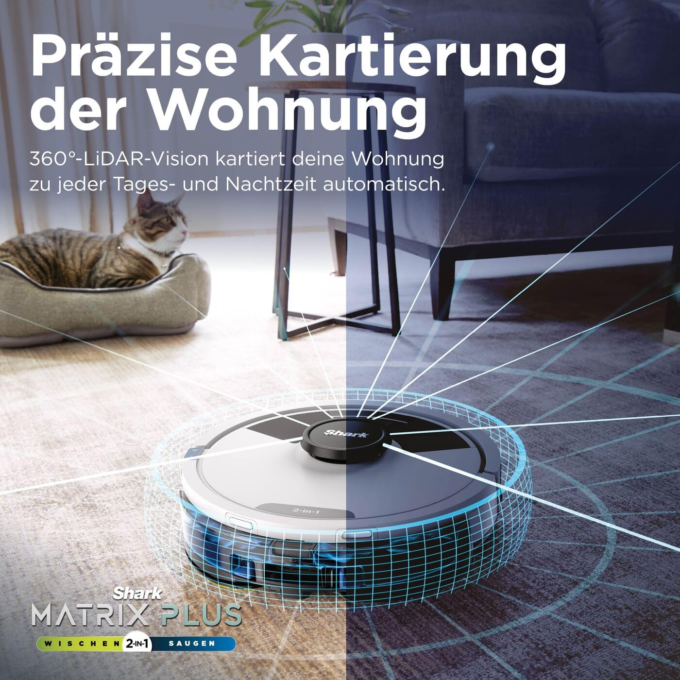 Shark Matrix Plus 2-in-1 Wisch- & Saugroboter mit LiDAR-Home Mapping, Matrix- & Kantenreinigung, für Teppich, Hartböden & Tierhaare, Selbstaufladend, Anti-Allergen, Weiß RV2620WDEUWH