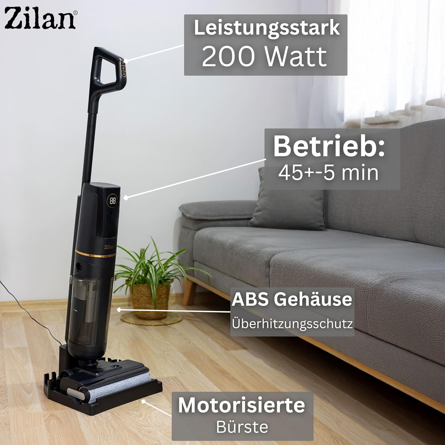 Zilan Akku Nass-Trockensauger mit Wischfunktion – Kabelloser Wischsauger & Staubsauger, Nass-Trocken-Sauger 2-in-1 Saugwischer Akkusauger Bodenreiniger für Alle Hartboden, BLDC-Motor Selbstreinigung