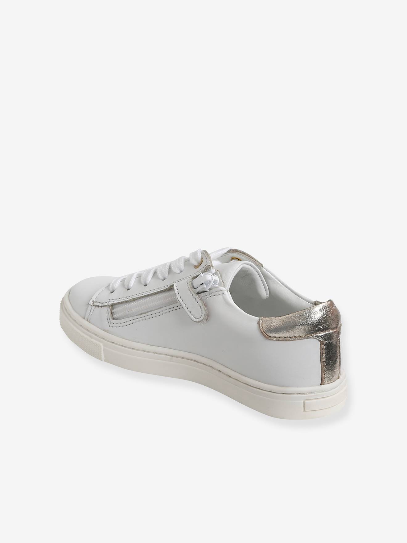 Tênis de couro com cadarço e zíper, para meninas, tamanho médio, branco liso com estampas.