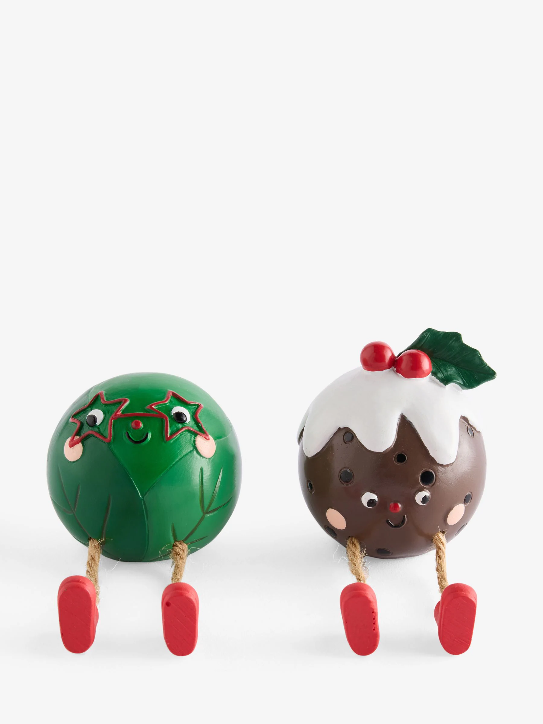 Set van 2 Sprout- en Pudding-Kerstmis Ornamenten met bungelende pootjes