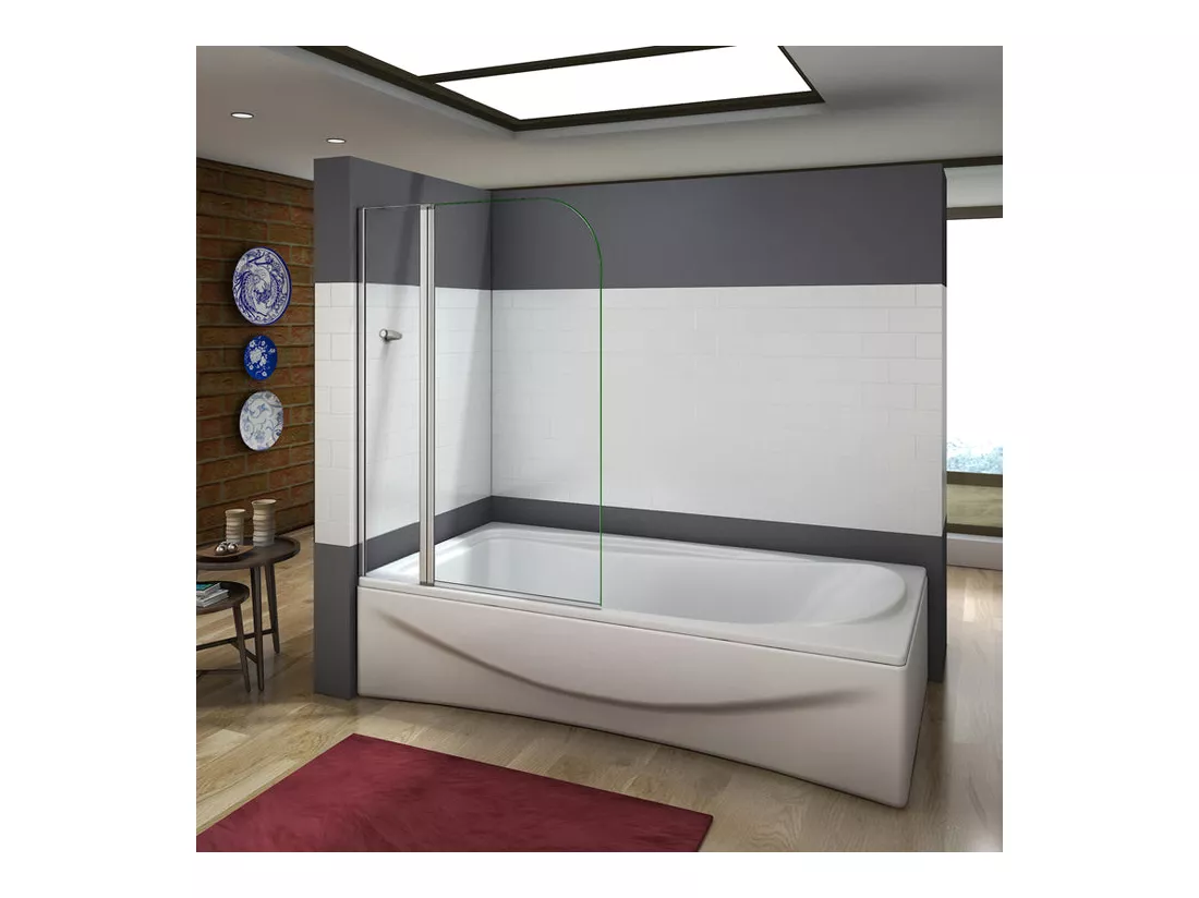 Pare-baignoire 100x140cm pivotant 180°, paroi de baignoire en verre 5mm trempé anticalcaire, avec porte-serviette